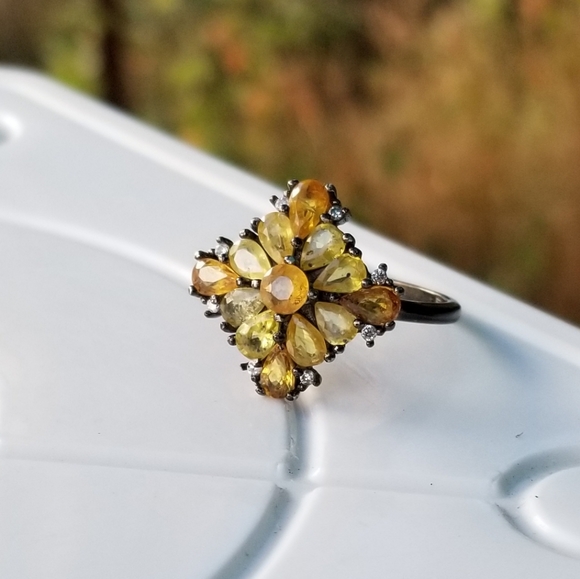 Vintage oxidized sterling silver with yellow and orange sapphires ring - Picture 6 of 16